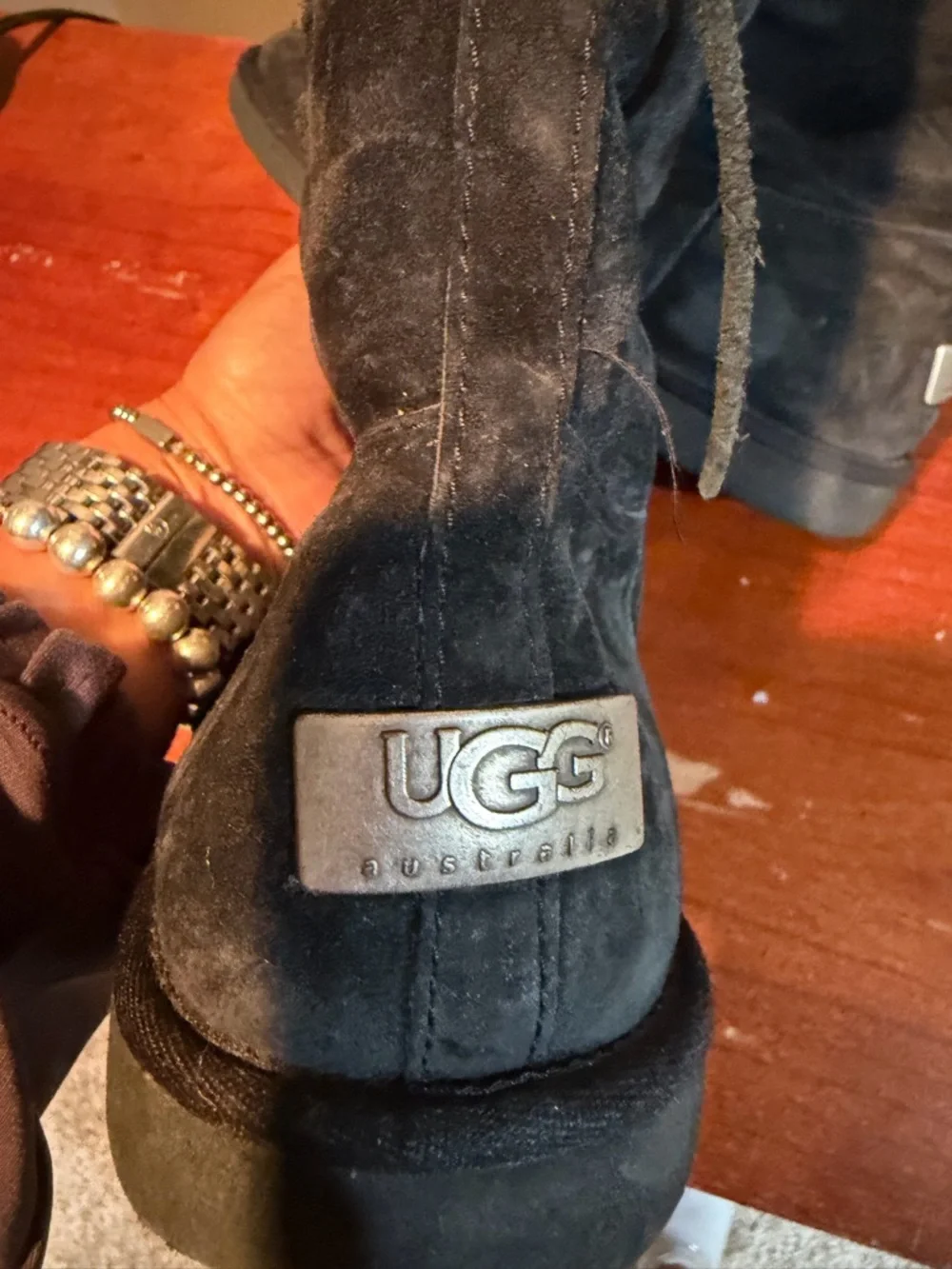 UGG Black Suede Lace-Up Shearling Winter Boots with Cream Trim